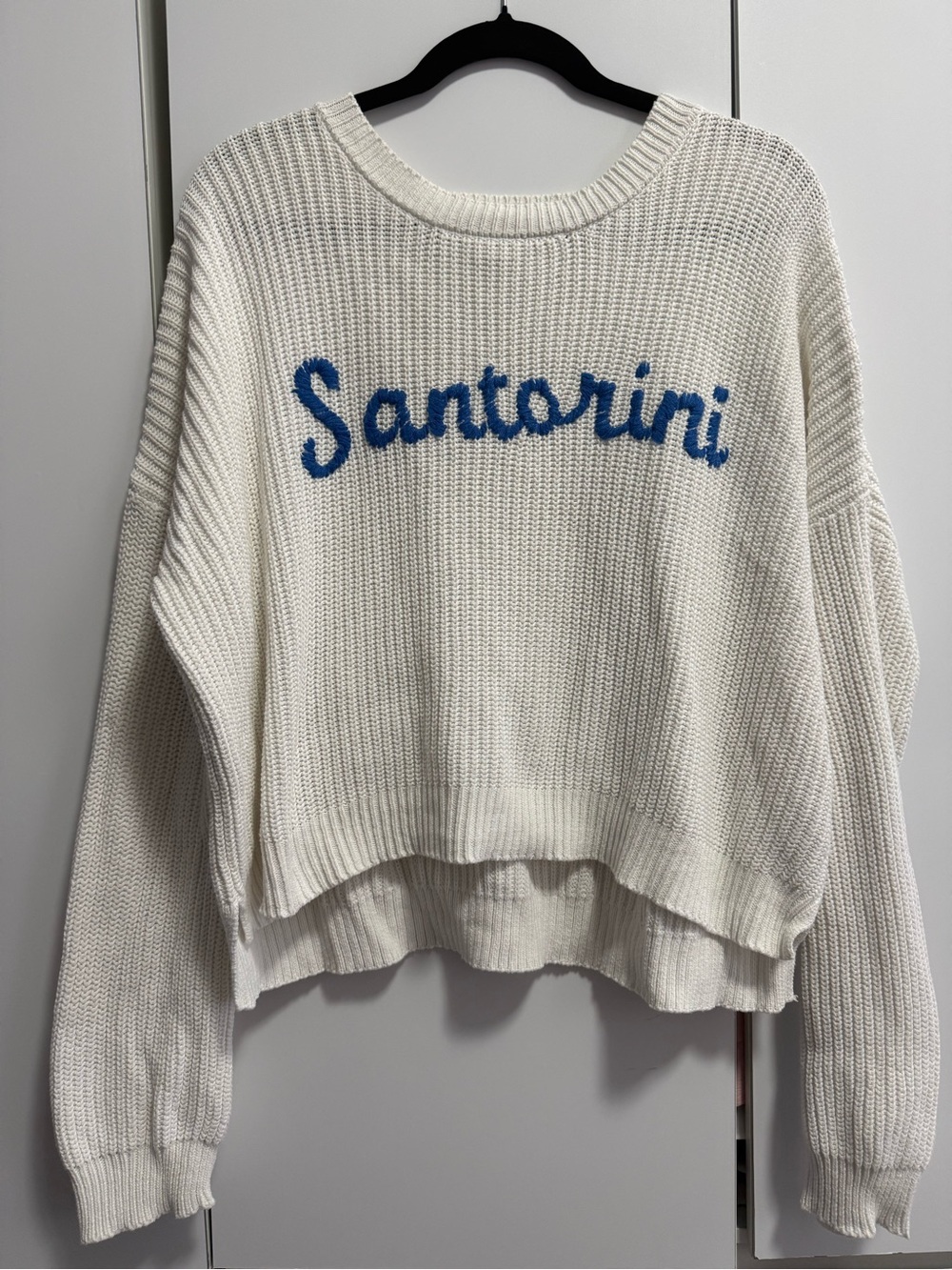 Sincerly Jules White Knit 'Santorini' Crewneck Sweater with Blue Script